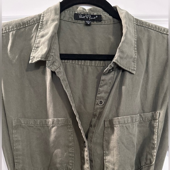 Army Green Collared Button Up Ruffle Hem Casual Dress with Pockets - Picture 4 of 5